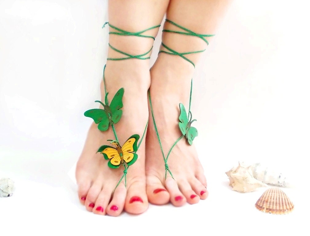 Barefoot sandal, Emerald, Green, Butterfly Anklet, Genuine leather butterfly, chamois leather, Anklet, Green barefoot sandal, Natural ankle - CatsAndSheeps
