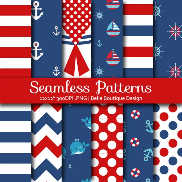 Instant Download, SEAMLESS, Nautical Red and Navy, Digital Paper, Sailboats, Anchors, Whales, Stripes, Polkadots, Chevron Il_570xn