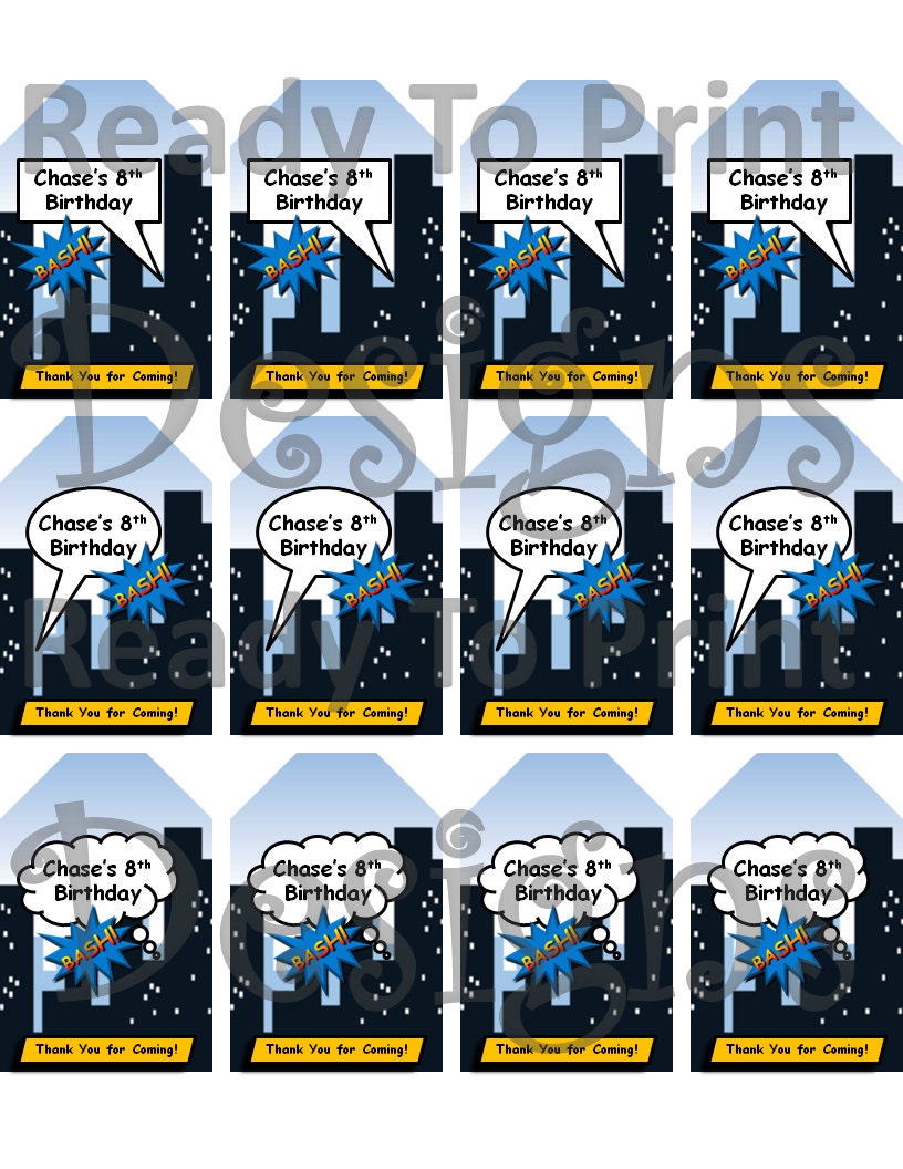 SuperHero Comic Book Favor Tags - 2"x3" - Personalized - DIY Printable Party Decorations Il_570xn