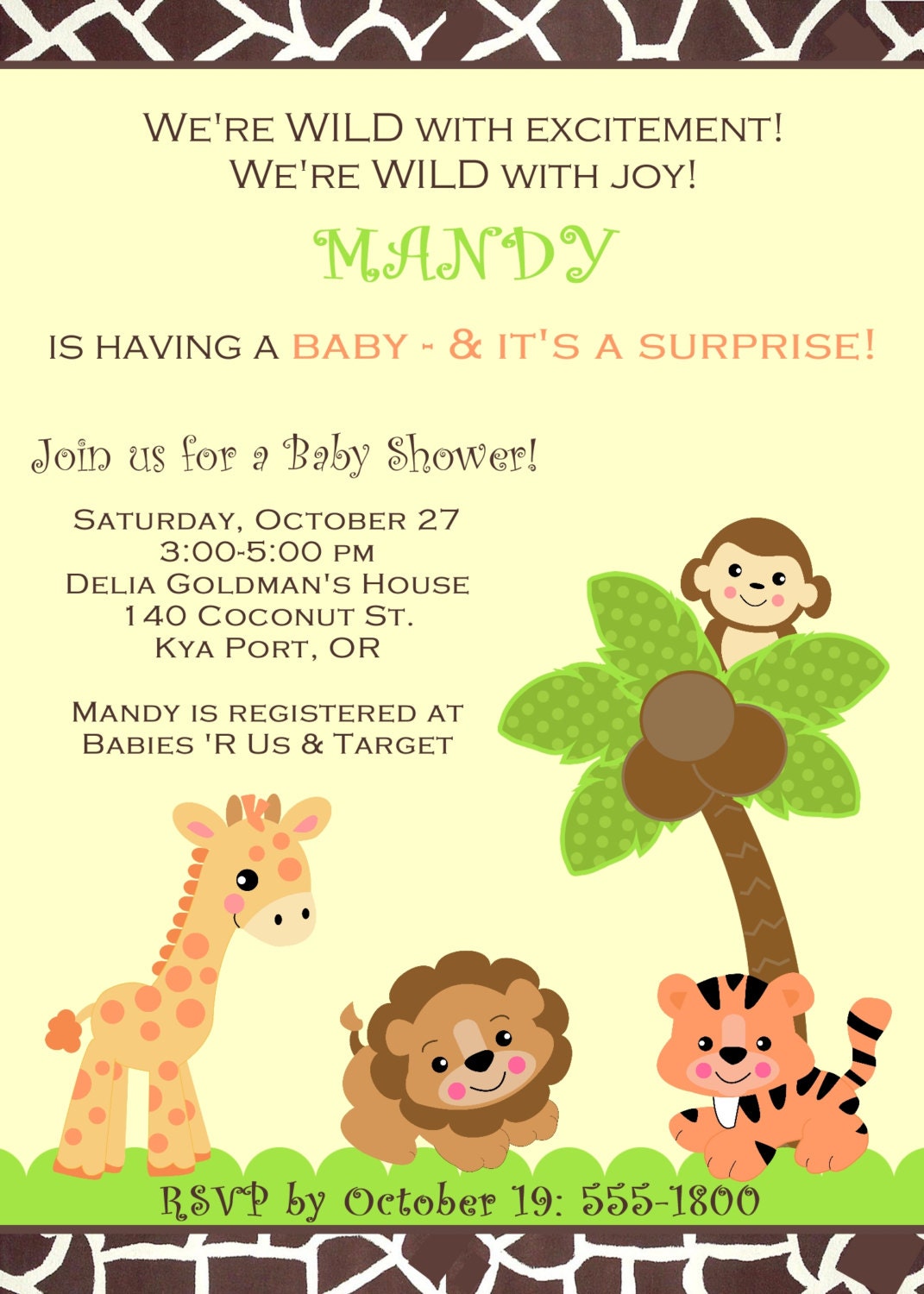 BABY SHOWER Jungle Safari Zoo Animals Invitation for Girl, Boy, or ...