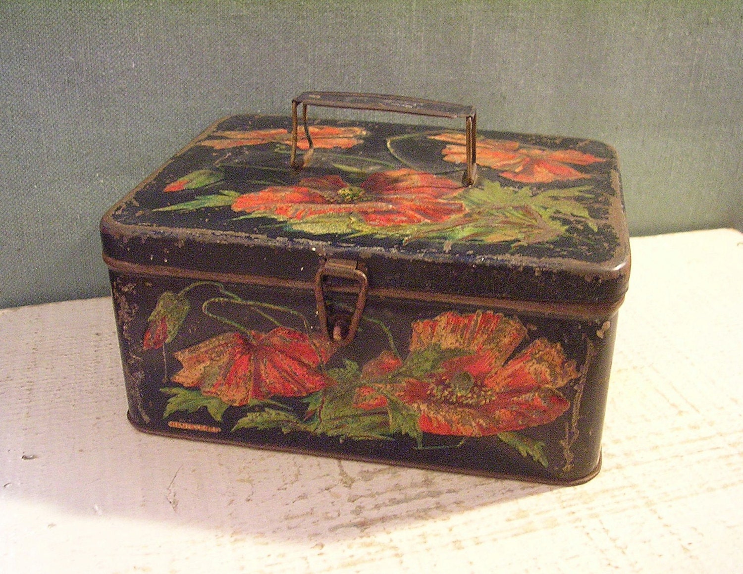 Antique Tin Box Black with Pink Flowers Latch and Handle and Beautifully Distressed Early 1900s - tinprincess