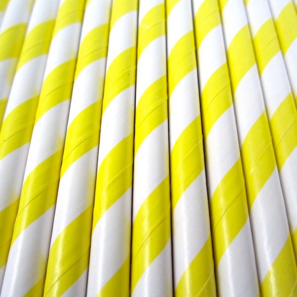 25 Yellow and White Striped Paper Straws - Drinking Straws with Party Flags - Party Supplies