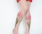 Poppies Flowers Tights,Poppy Tattoo Tights Pantyhose,Green Pink Print Tattoo Tights,Handmade Pantyhose - colinedesign