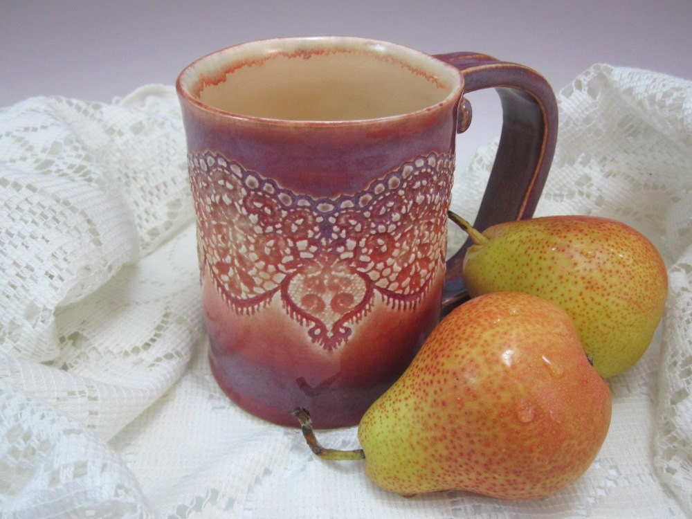 Handmade Ceramics - Lacework Coffee Mug / Cup - Pomegranate - LaceworkCeramics