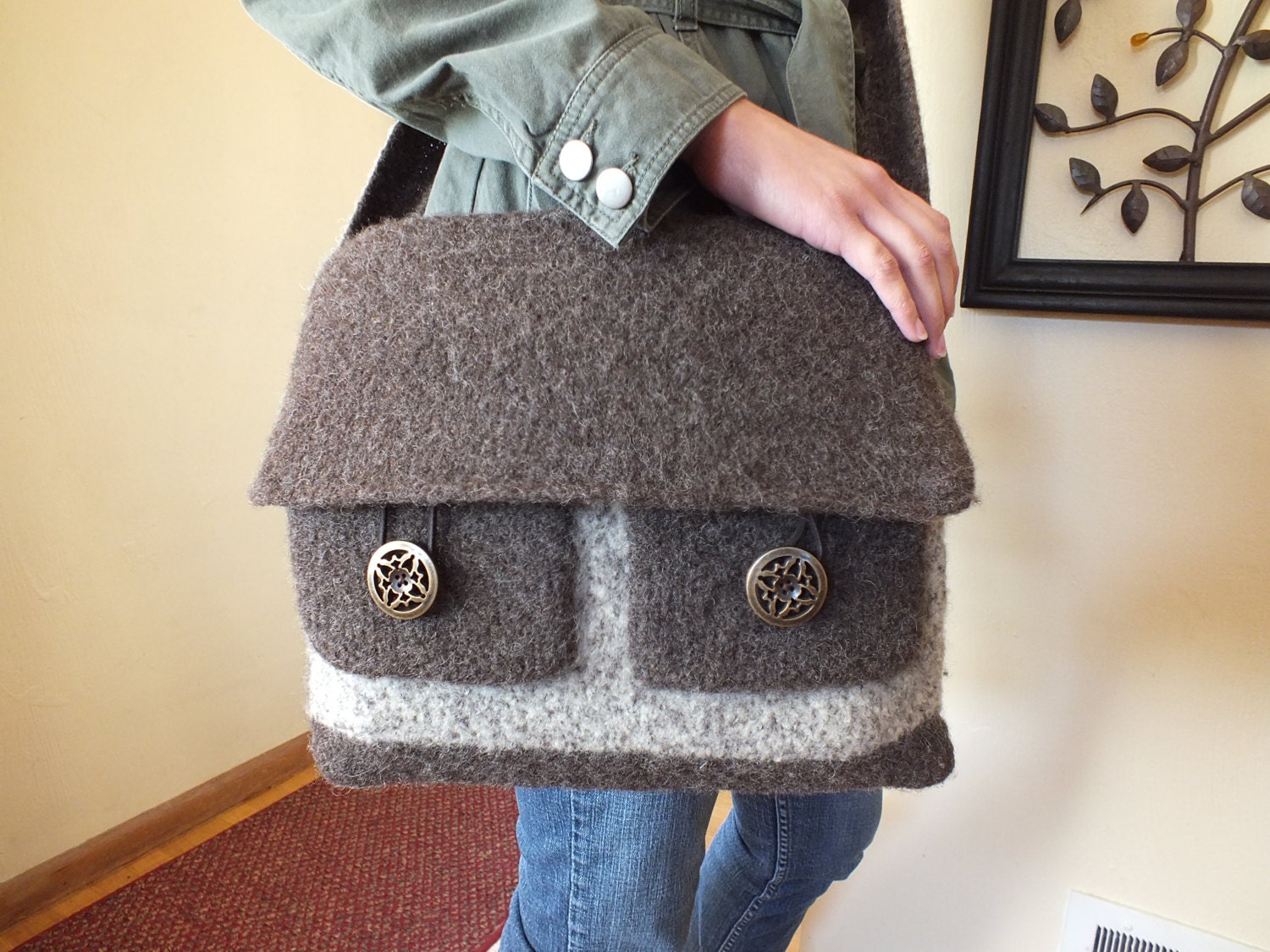 Hand knit and felted wool messenger bag in brown and beige