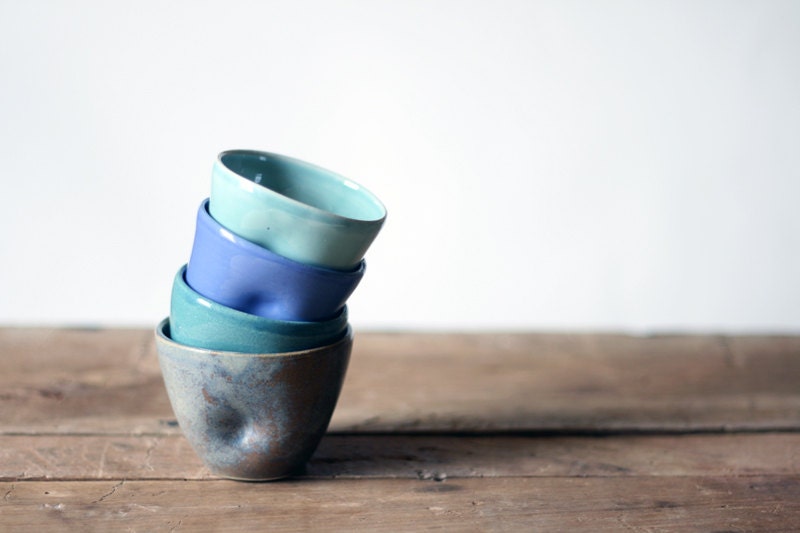 Set of four hand thrown ceramic cups in blue,  hand squeezed into a comfortable original shape - OlisCupboard