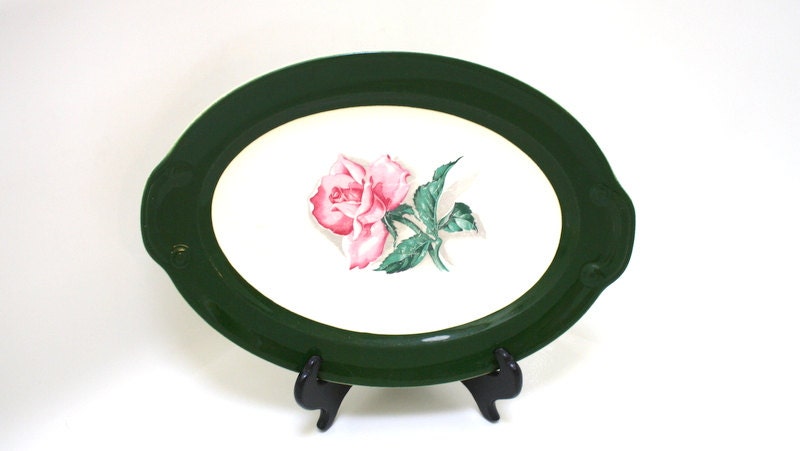 Taylor Smith Taylor Pink Rose Serving Platter with Wide Green Band. 1950's Platter. Made in the USA.
