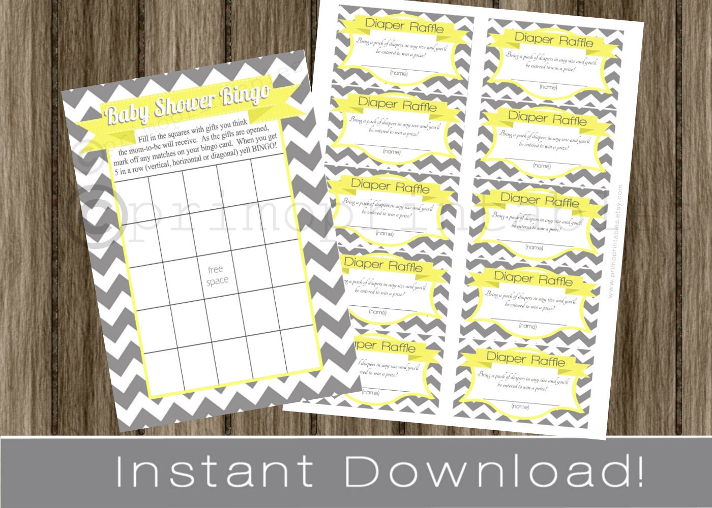 Baby Shower Bingo Game Cards and Diaper Raffle Tickets gray chevron and yellow INSTANT DOWNLOAD diy digital printable files Il_570xn