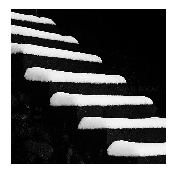 Black and White Photography - Stair wall decor, snow, Stairs Art Winter photography Conceptual  Nikon Life Photograph Snow   8''x8'' inch - gonulk