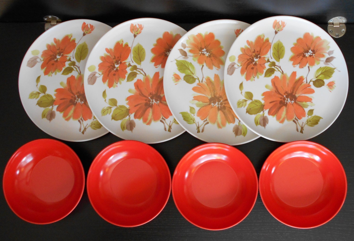 Set of 4 Melamine Dinnerware Retro Orange by FeelinGoogieVintage