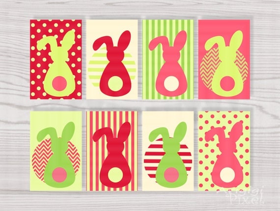 Printable Gift Tag Easter Bunny in Pink Red Green Spring Colors Instant Download