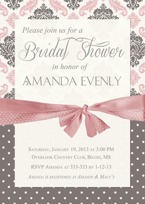 Pink and Grey Damask with Ribbon Bridal Shower Invitation - Printable Il_570xn