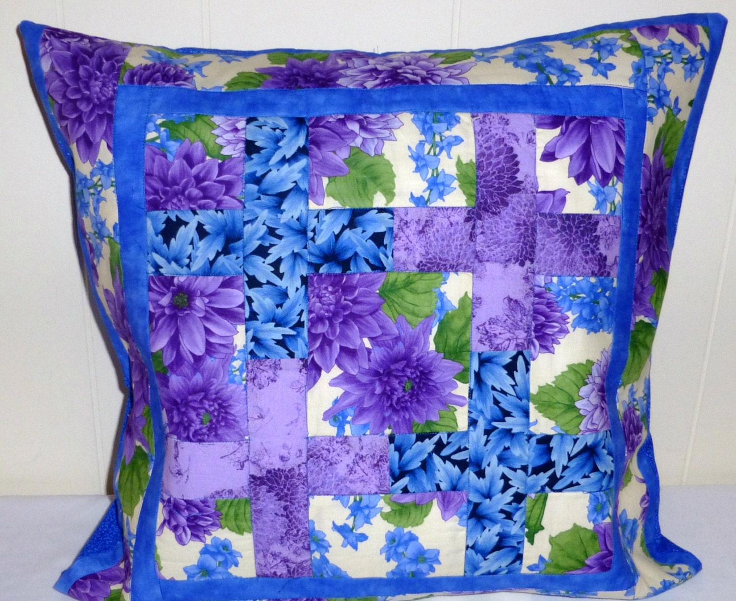 Quilted Pillow Patchwork 18inSquare PurpleFlowers Blue HomeAccent - SuesCreatingCottage