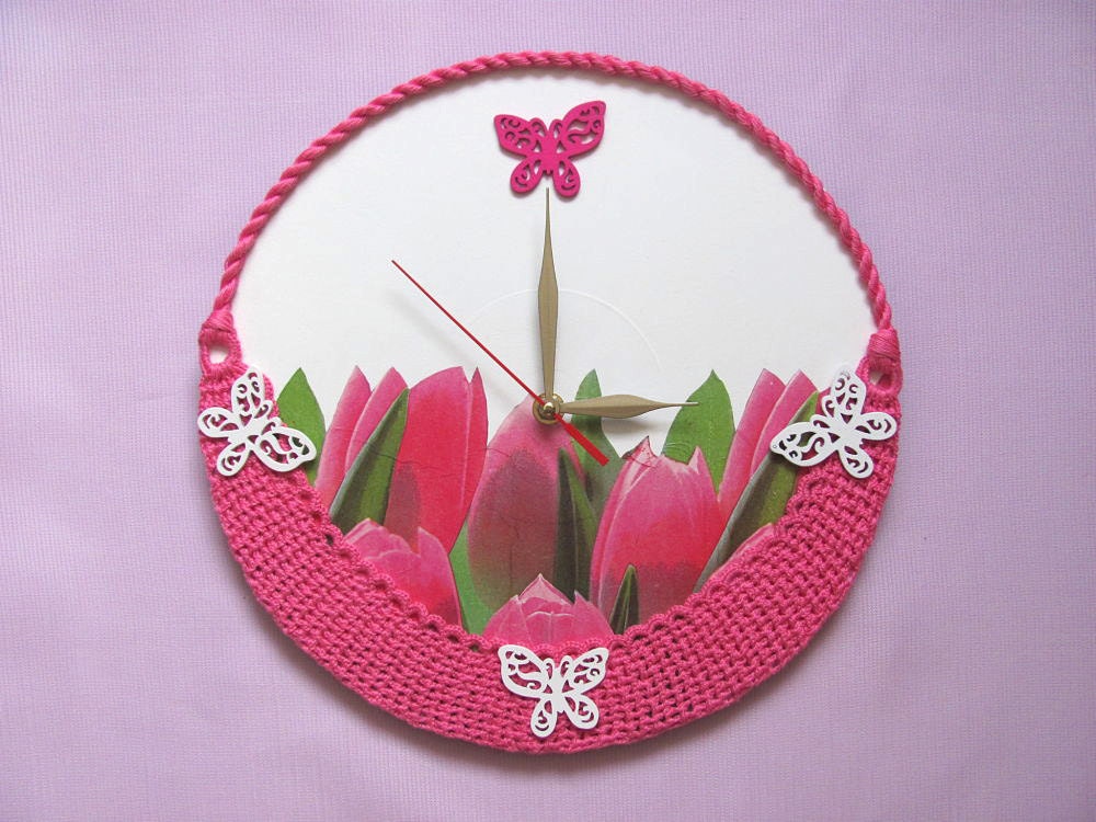 Wall Clock Basket of  Pink Tulips, unique gift, unusual wall clocks, flower clock, unique wall clocks, kids wall clocks, modern wall clocks - OlgaArtShop
