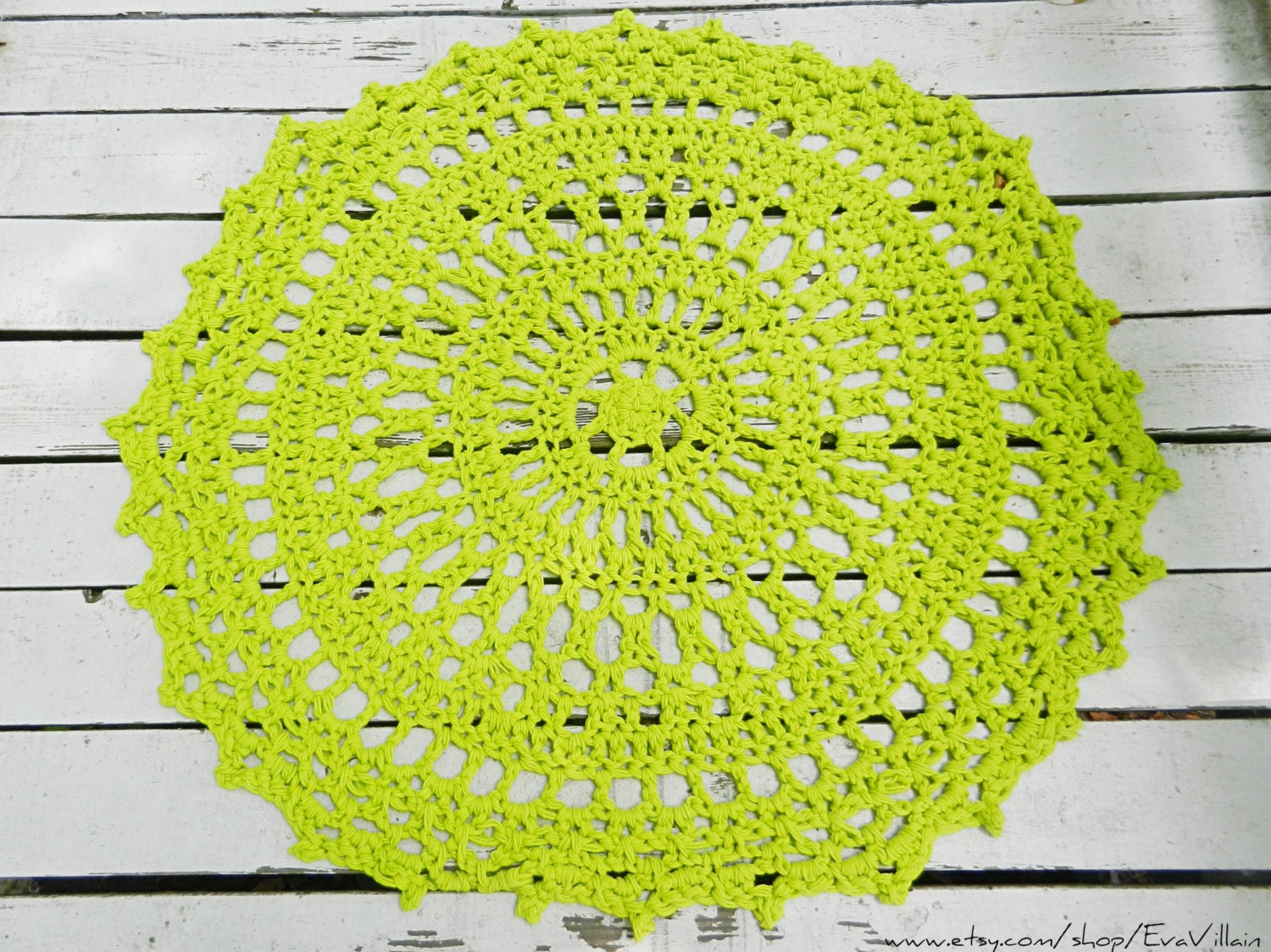 Large Crochet Doily Rug Lime Green Shabby Rustic Rug by EvaVillain