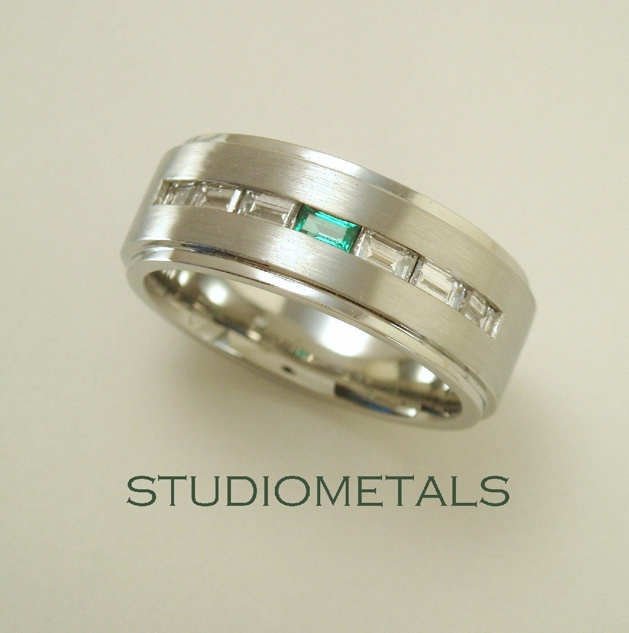 Diamond and Emerald Men's Ring Mens Wedding Band by