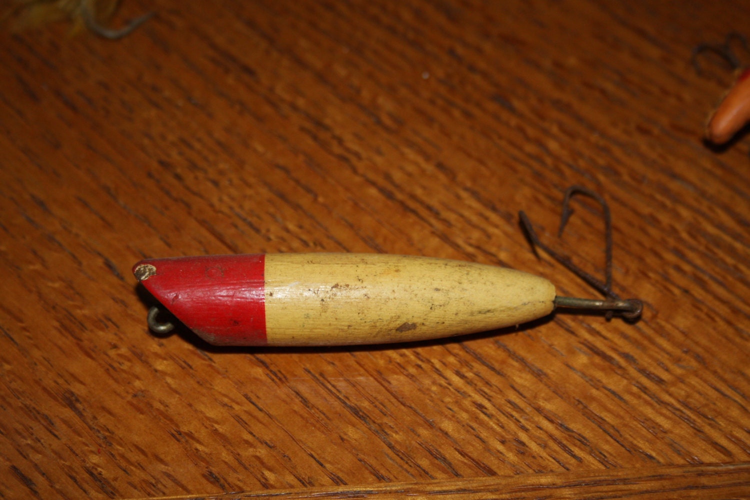 Vintage Fishing Lure Wooden Red and White Popper by WilmaLucille
