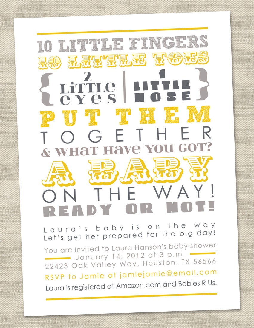 Gray and Yellow Baby Shower Invitat ion - 10 little fingers, gender ...