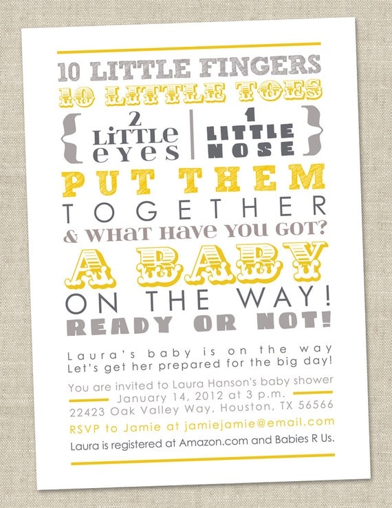 Baby Shower Invitation - words, gender neutral gray grey yellow ...