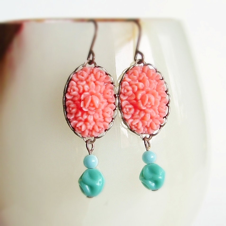Pink Rose Bud Earrings Vintage Carved Flower Cabochons Coral Pink Aqua Floral Dangles