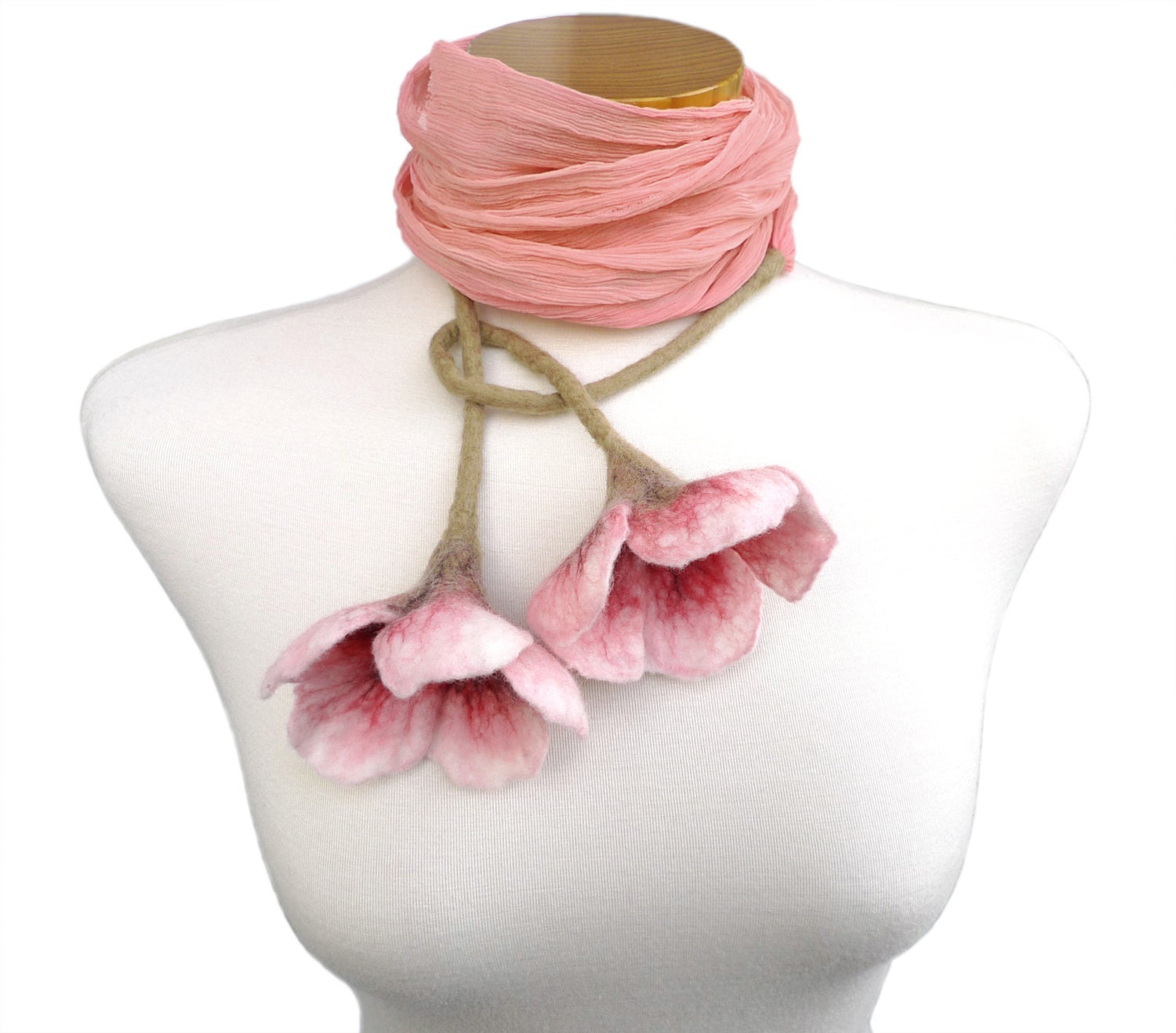 Silk Scarf- Pink Scarf- Dusky Pink Silk Scarf with Felt Flowers - avaFelt Scarf- Women Scarf - avaFelt