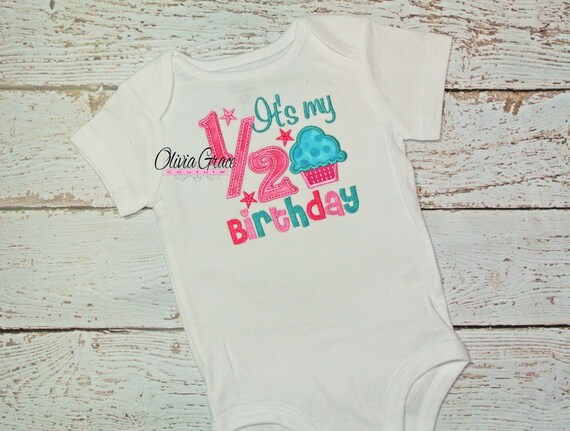 Girls Pink and Turquoise - Its My 1/2 Birthday - Embroidered Applique Bodysuit or Shirt for 6 months, half birthday, custom Il_570xn