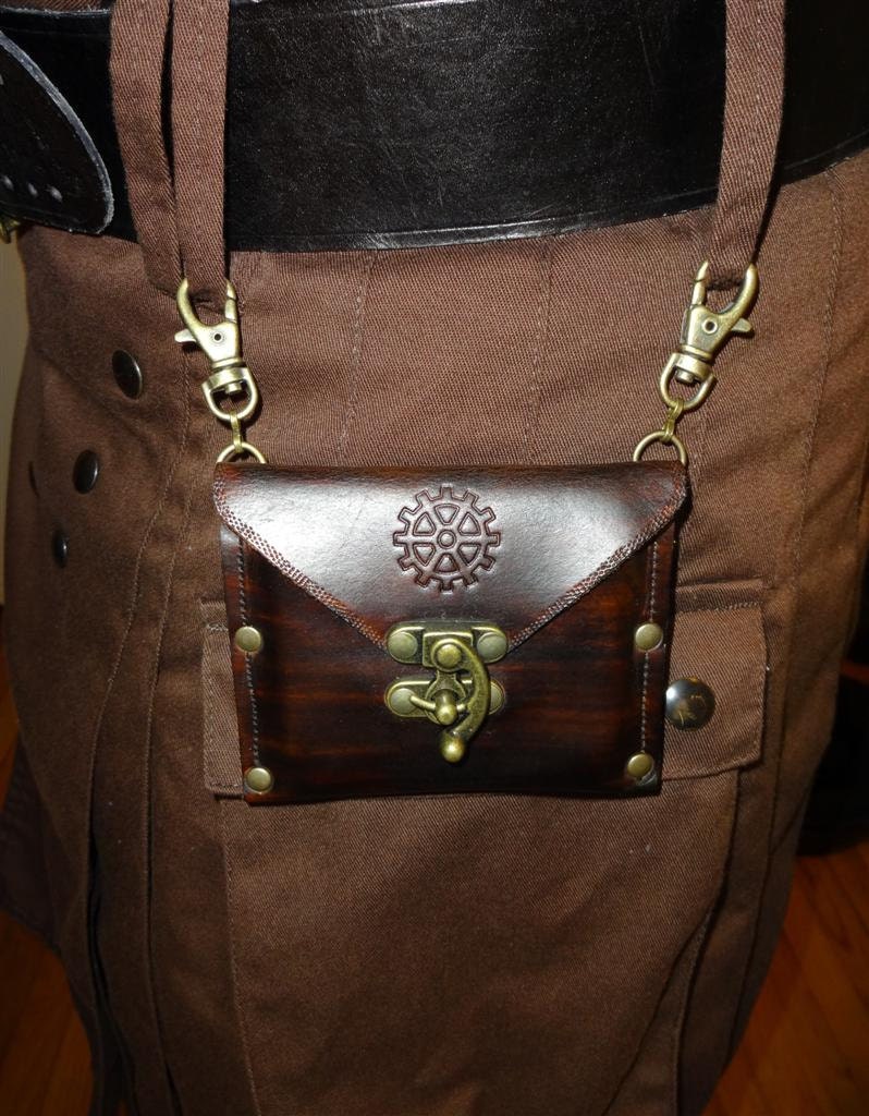 Steampunk leather hip bag / wallet with antique brass swing clasp - FiendishWear