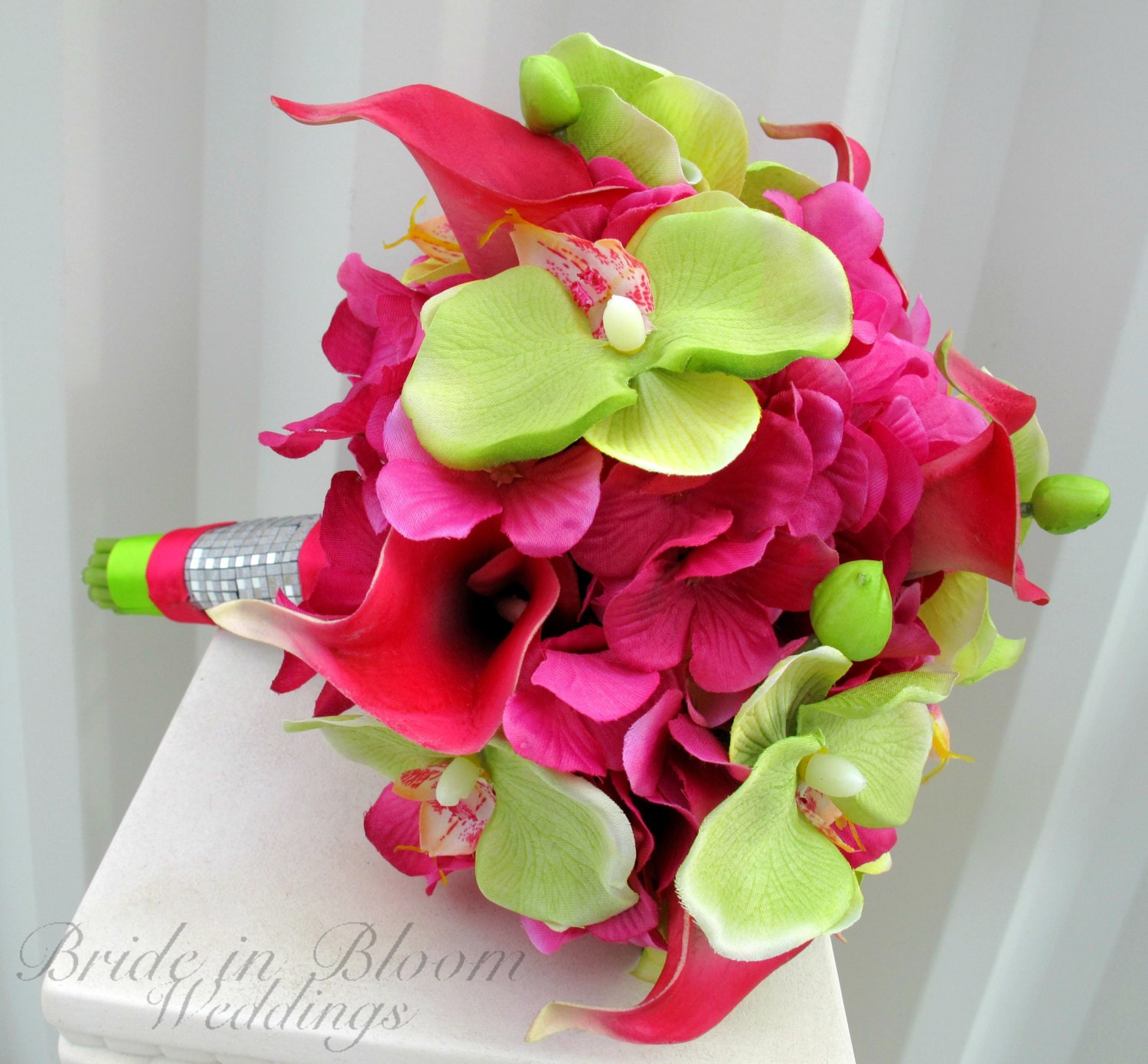 Wedding Bouquet hot pink calla lily lime green orchid Tropical bridal bouquet Beach weddings