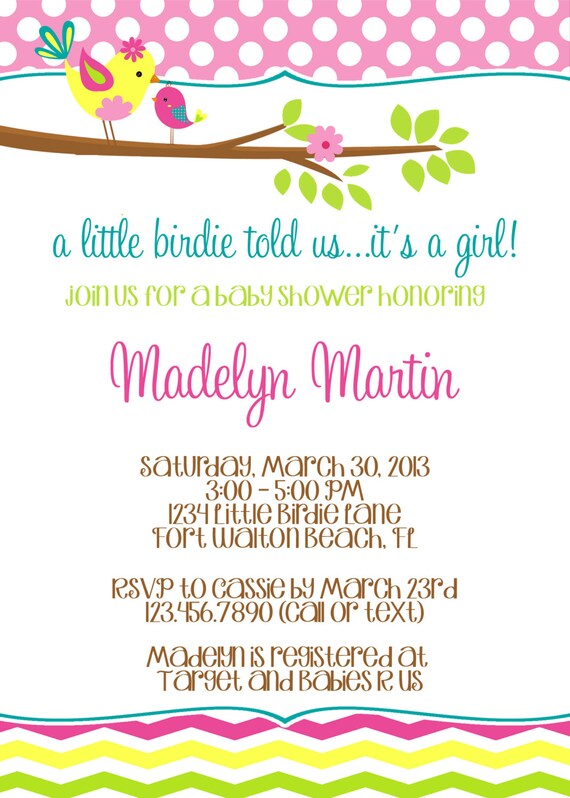 Little Birdie Baby Shower 5x7 Invitation - Girl - PRINTABLE Il_570xn