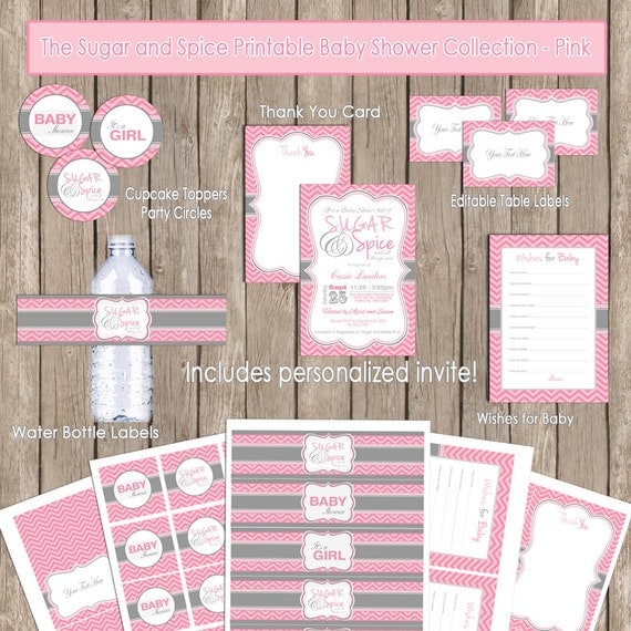 Sugar and spice baby shower invitation package, pink, gray, grey, girl chevron baby shower invite(PARTIAL INSTANT DOWNLOAD) - design1 Il_570xn