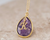 Personalized Necklace - Purple Amethyst Necklace - Script Letter - Monogram Necklace - Gold Necklace - Personalized Jewelry - delezhen