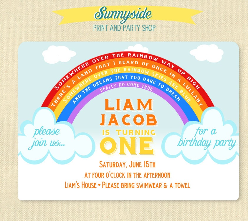 Somewhere Over The Rainbow Birthday Party Invitation Rainbow Invite