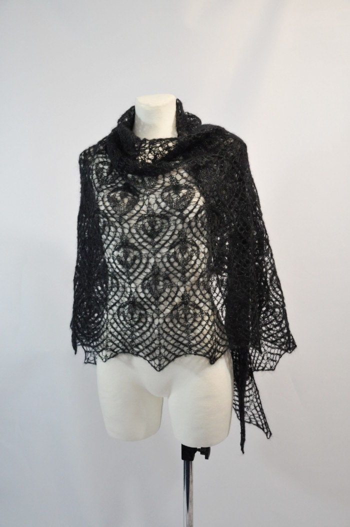 Black knit kid mohair and silk woman lace shawl - Mother's Day gift idea
