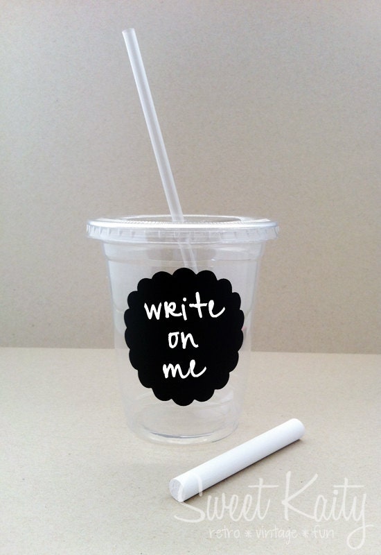 24 Chalkboard Disposable Party Cups, Lids, Plastic Straws and Chalk - 12 oz or 16 oz - Wedding, Birthday, Baby Shower, Party Il_570xn
