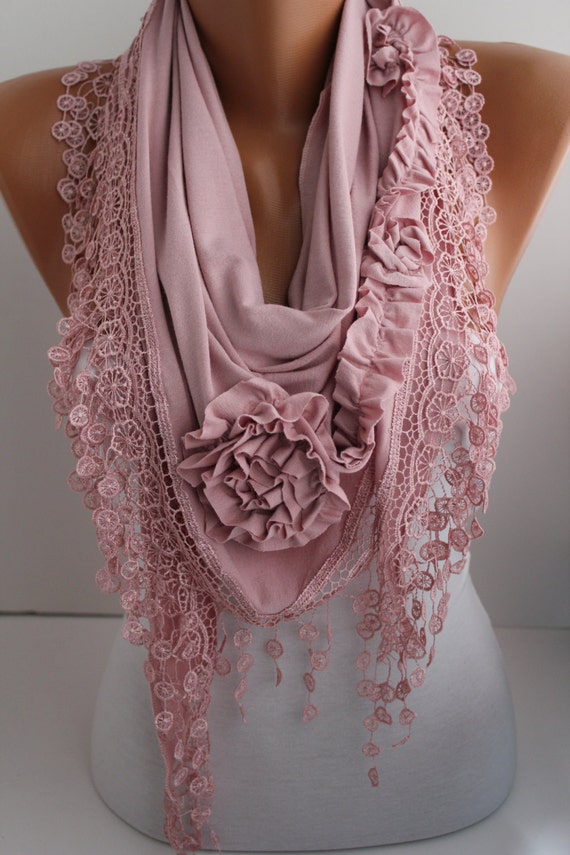 Rose Scarf - Shawl Scarf -  Jersey Shawl-  Lace Scarf - Pale Pink Triangle Scaf -Women's Fashion Accessories DIDUCI