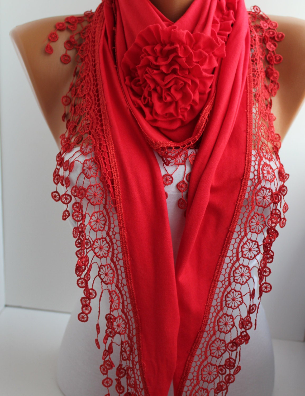 NEW Red Cotton Rose Shawl Scarf Lace Scarf Triangle by DIDUCI