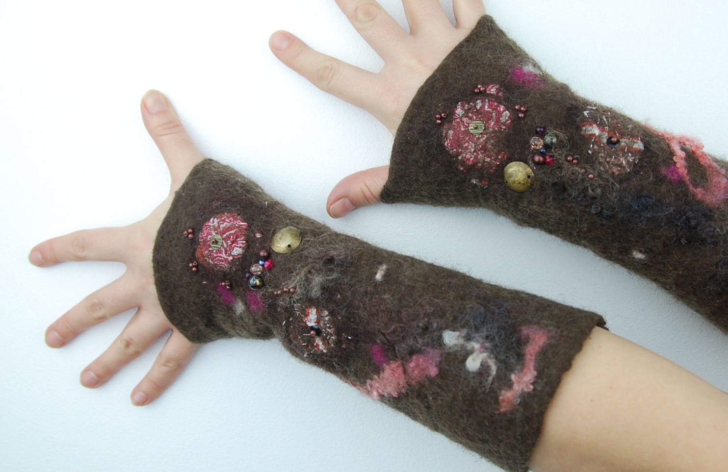 Felted Mittens / felted gloves/Flower Mittens Fingerless Mittens Nunofelt  winter brown pink  fiber art - AnnaWegg