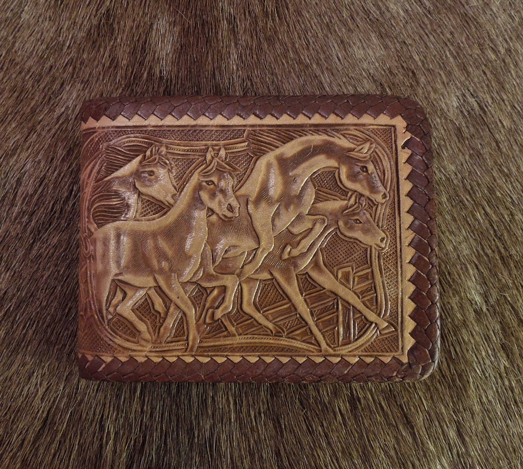 Vintage Western Tooled Leather Horse Mens Wallet by roomsvintage