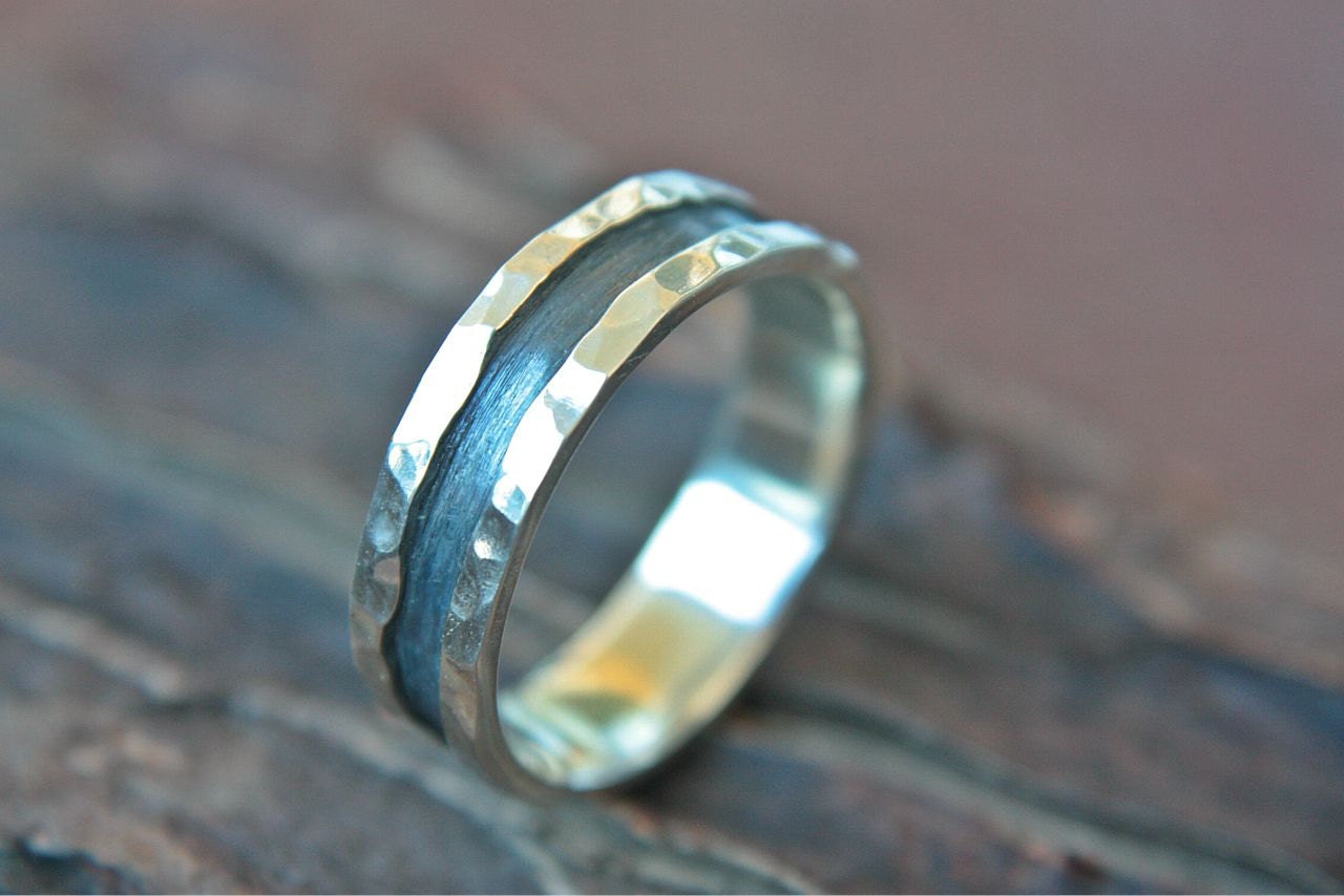 Unique Rustic Men's Ring Dark B and Sterling Silver Hammered Oxidized ...