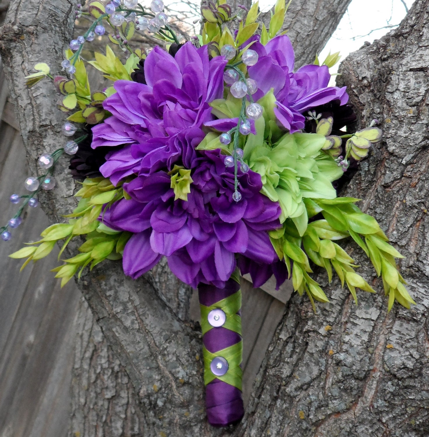 Purple and Green Unique Silk Flower Bouquet by HappyDayFlowerCo