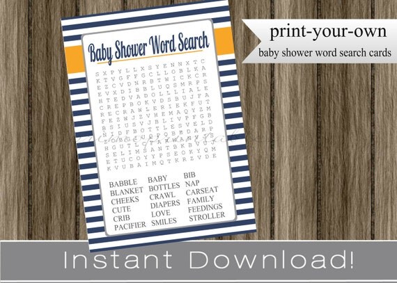 Baby Shower Word Search game cards boy navy blue and orange INSTANT DOWNLOAD diy printable digital file print your own , babyshower Il_570xn