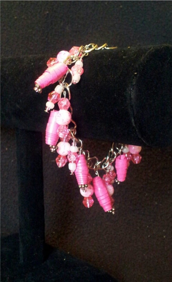 Hot Pink Dangle Charm Bracelet (Rolled Paper Beads, Glass, Metal, Toggle, Bright, Cascade) Il_570xn