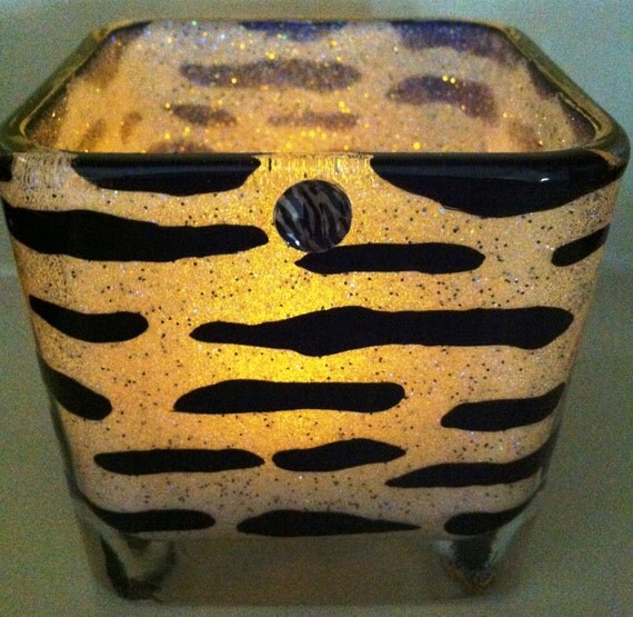 Zebra Print Glass Votive Candle Holder/ by CreativeGlassByBecky