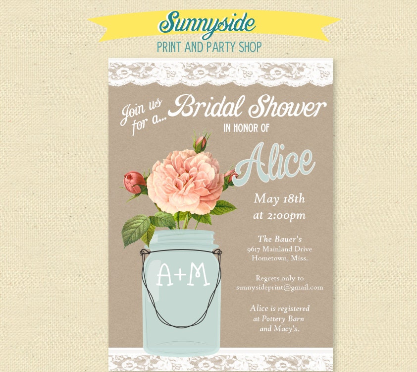 Peach Rose & Vintage Lace Mason Jar Invitation - Bridal Shower / Rehearsal Dinner Invite Il_570xn