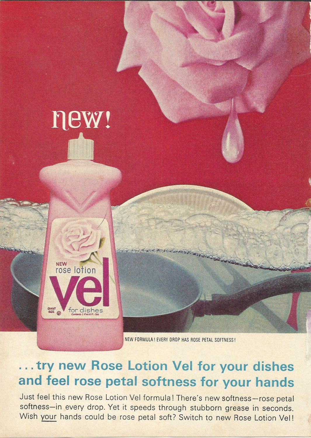Rose Lotion Vel Liquid Dish Soap Original 1964 by VintageAdarama