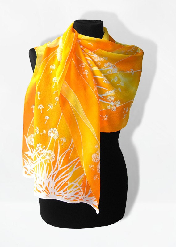 Silk Scarf long - Dandelions & Birds - silk scarves hand painted for summer - orange gold white yellow - woman accessories - MinkuLUL