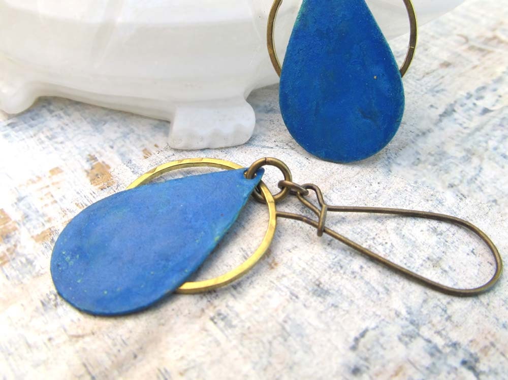Mykonos blue Boho earrings patina mixed metal geometric Bohemian jewelry - Gypsymoondesigns