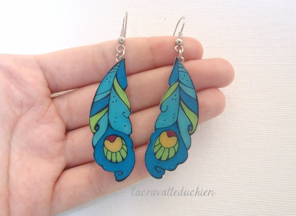 Peacock feathers earrings,  dangle earrings, illustrated jewelry