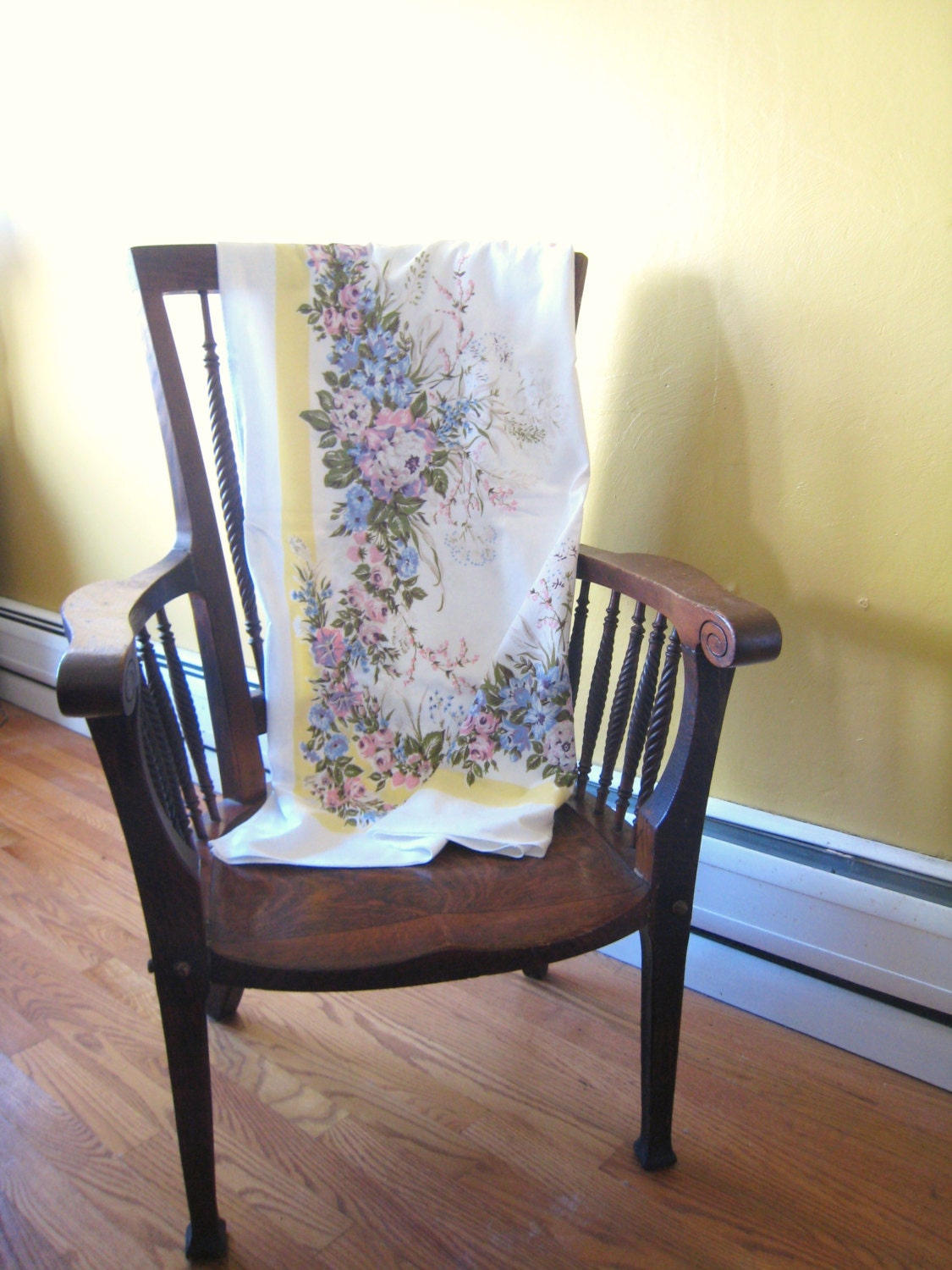 Summer Garden Tablecloth on White Vintage Circa 1960 Table Cover Square 50 x 49