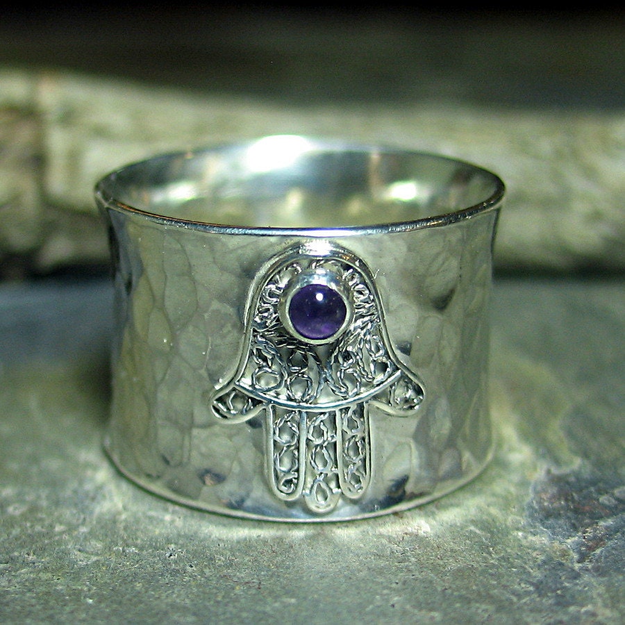 Hamsa Ring Yoga Jewelry Amethyst Sterling Silver Wide Band - Blessings ...